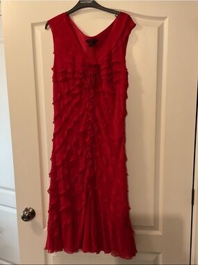 Simon Chang Red Ruffle Sleeveless Midi Dress